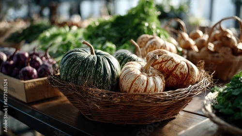 Fototapeta Naklejka Na Ścianę i Meble -  Ornate pumpkins in a rustic woven basket, nestled amongst other produce, highlight the vibrant fall colors of a farmer's market display.