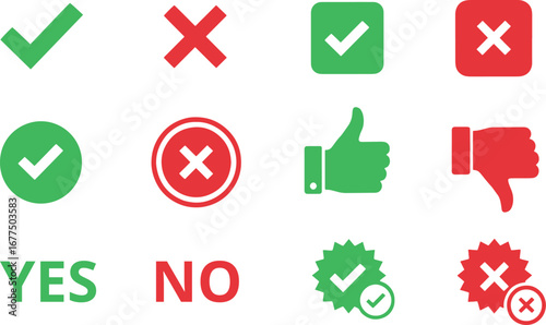 Collection of checkmarks thumbs up thumbs down yes no icons for approval rejection decisions