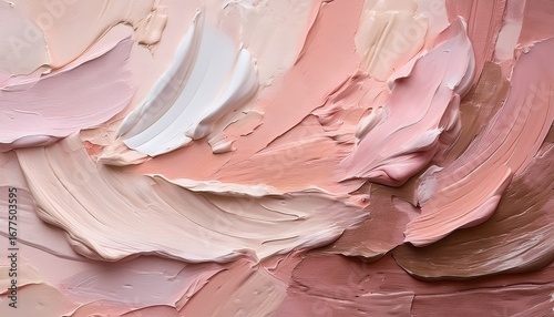 close up of textured paint strokes in soft pastel colors blending shades of pink and beige on a canvas