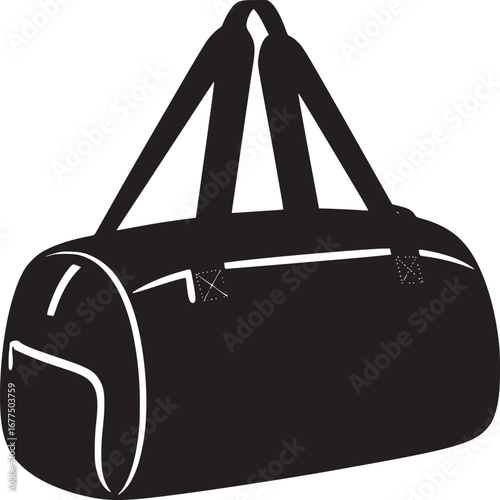 A black duffel bag with white trim and straps isolated on a white background in a simple design