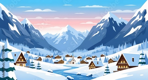 Cozy alpine village nestled in snowy mountains under a pastel sky, featuring charming wooden chalets and fir trees.