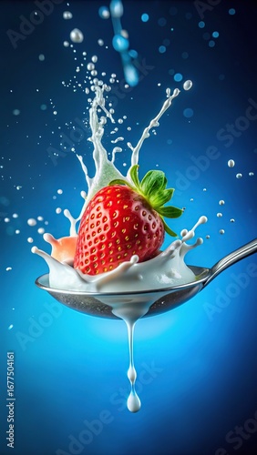 Strawberry splashing into milk on a spoon