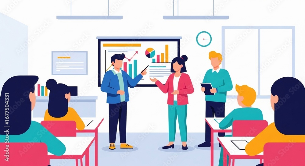 Obraz premium Diverse group of people attending a business presentation in a modern classroom or office with charts and graphs.