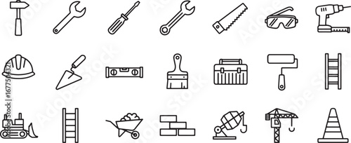 A comprehensive collection of outline icons representing construction tools, building equipment, and renovation symbols for web and print design