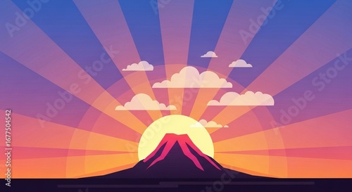 Majestic volcano erupting at sunset with vibrant sun rays and scattered clouds in a stylized flat design.