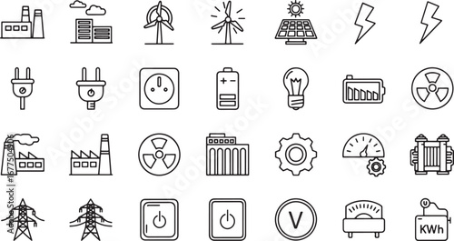 Power and energy conceptual icon set. A collection of line art symbols for electricity, industry, and renewable technology