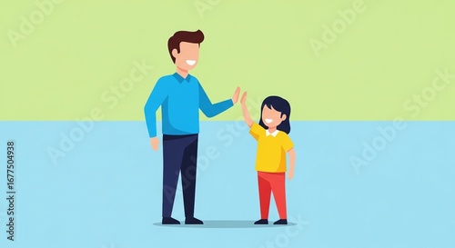 Father and daughter high-fiving with smiles, celebrating success in a flat design illustration.