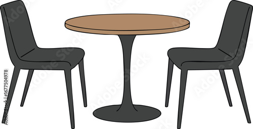 Modern round wooden table with two black chairs simple dining set vector illustration 