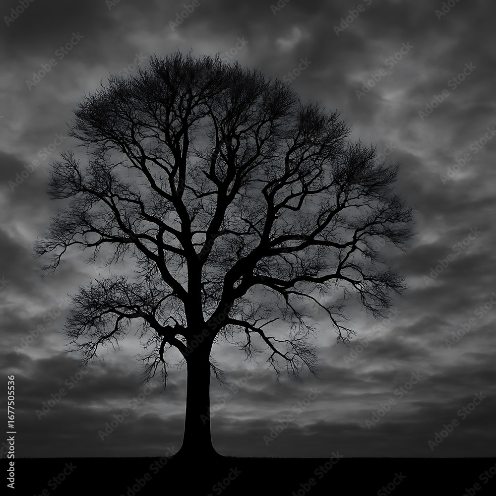 Obraz premium Bare tree silhouette against cloudy sky winter landscape