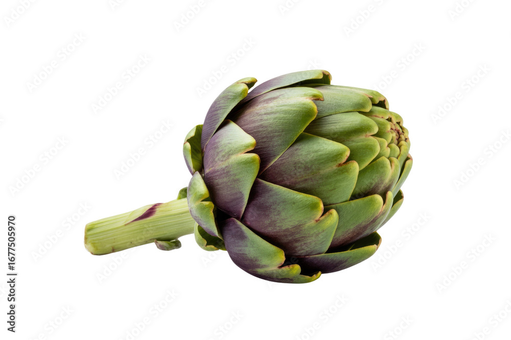 Obraz premium A single artichoke, green and purple, isolated on a transparent background. background removed