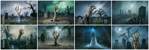Skeletal hands emerging from graves at night graveyard