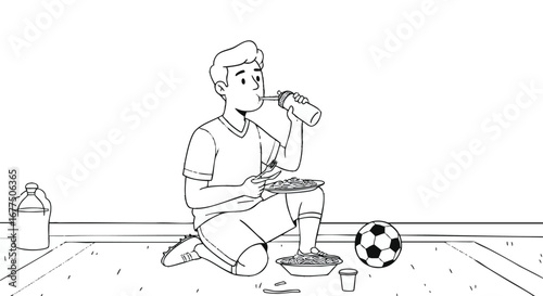 Young male athlete refueling and rehydrating with a quick snack and drink during a well-deserved break after an intense soccer match or rigorous training session
