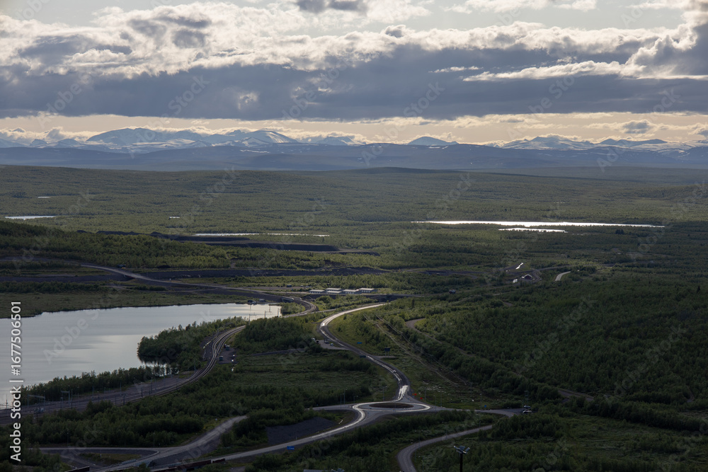 Fototapeta premium Panoramic view of central Kiruna with the LKAB mining area in the background in Norrbotten County Sweden