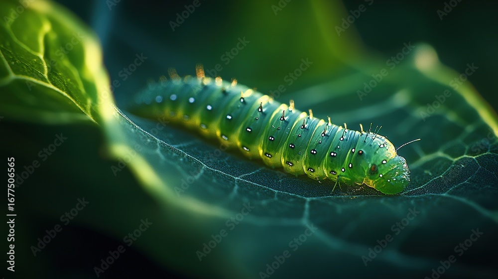 Naklejka premium Macro close-up of a green caterpillar on a vibrant leaf