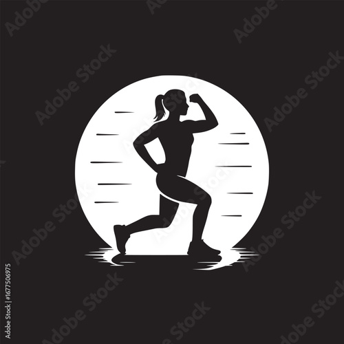 Silhouette of a woman running with a white circle background and motion lines in black and white