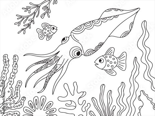 Beautiful underwater scene with fish, squid, and coral reef. Ocean life with sea creatures swimming in a vibrant marine environment. Perfect for ocean, marine biology, and oceanography visuals.