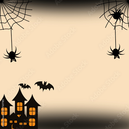 Halloween Background with Haunted House, Spiders and Webs