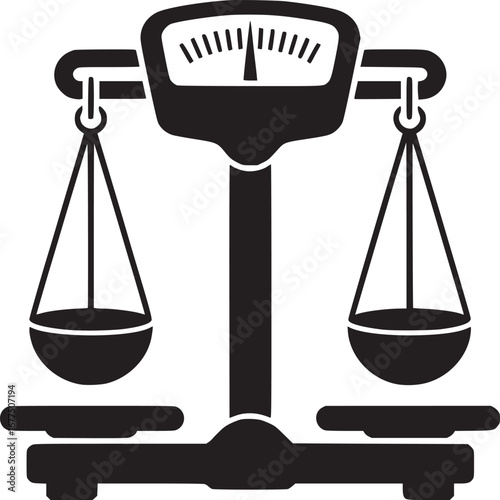 A symmetrical black and white illustration of an old fashioned balance scale on a white background