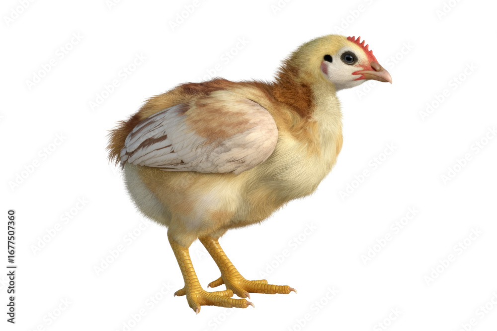 Obraz premium A cute, fluffy chick with light brown and white feathers stands against a transparent background. background removed