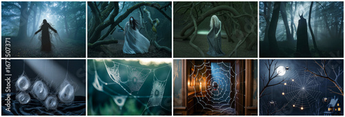 Spooky forest spirits and spiderwebs ghost woman