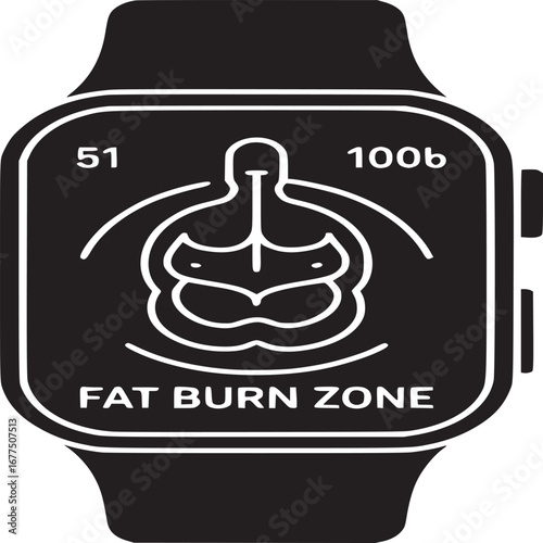A black and white illustration of a smart watch displaying a fat burn zone graphic on its screen