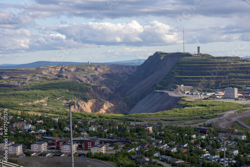 Panoramic view of central Kiruna with the LKAB mining area in the background in Norrbotten County Sweden
