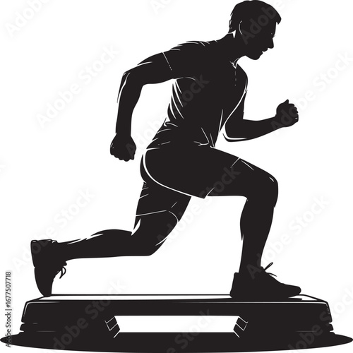 Silhouette of a man doing step aerobics on a step platform in a black and white illustration