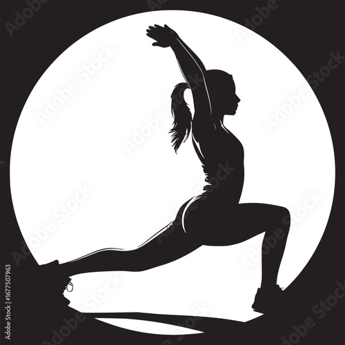 Silhouette of a woman in a yoga pose with arms raised against a white circular background design