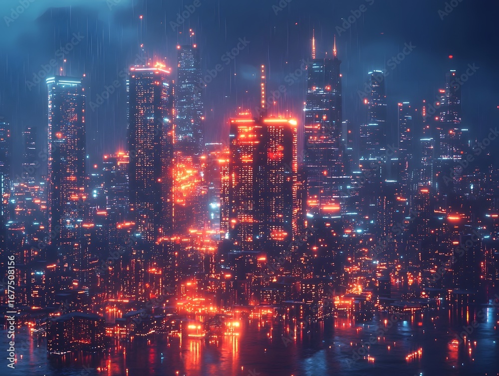 Fototapeta premium Futuristic cityscape with illuminated skyscrapers and cybersecurity protections