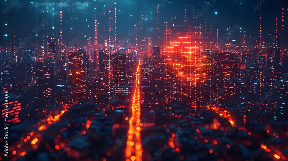 Fototapeta premium A cyber resilient smart city with holographic shields guarding global enterprises from digital threats