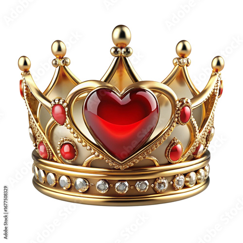 Golden crown with red heart and gems on black background