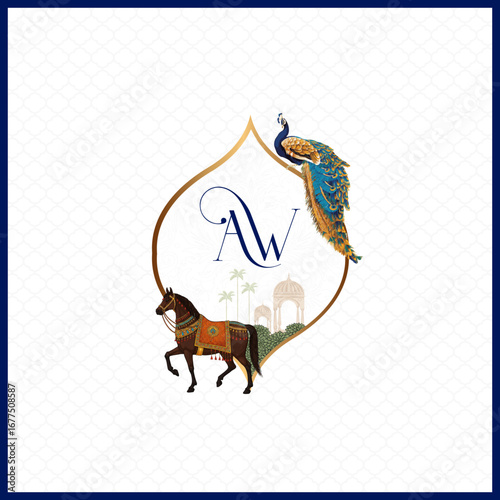 Luxury Indian wedding logo design featuring royal horse, elegant peacock, and palace motif. Ideal for invitations, events, and premium branding.