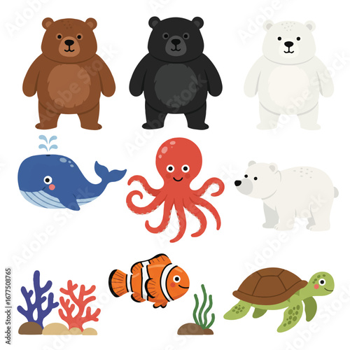 A vibrant flat 2D vector illustration showcases a charming cartoon fauna collection, featuring various wild bears and delightful sea creatures isolated on a clean white background.