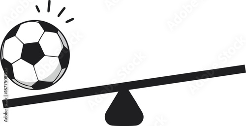 Soccer ball balancing on seesaw vector illustration in black and white simple design for sports concepts 