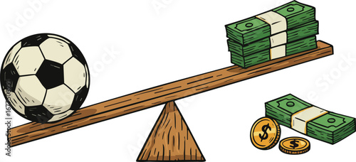 Soccer ball balancing on seesaw with stacks of money coins and cash illustration vector image 