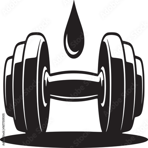 A black and white illustration of a dumbbell with a water drop above it in a simple design