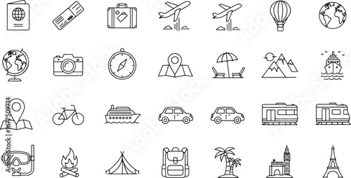 A comprehensive vector collection of minimalist travel and tourism line icons for web and mobile design concepts