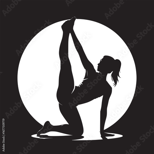 Silhouette of a woman in yoga pose against a white circle on a black background illustration
