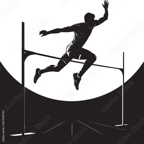 Silhouette of a high jumper clearing the bar against a black and white background illustration