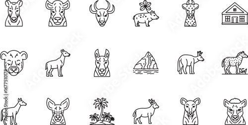 A versatile collection of monochrome line art icons depicting a diverse range of animals from the wildlife kingdom and farm life