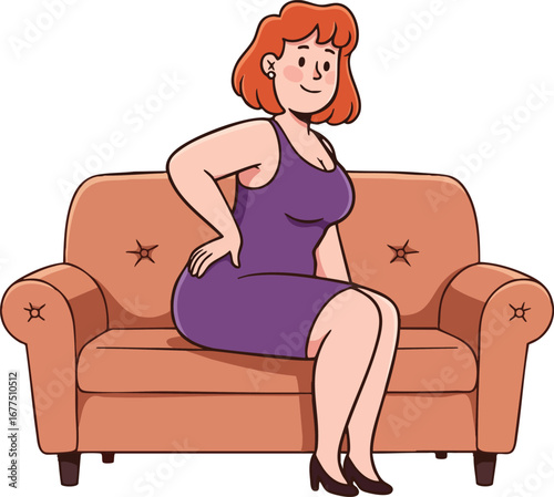 Woman with red hair sitting on orange sofa in purple dress casual indoor scene vector illustration 