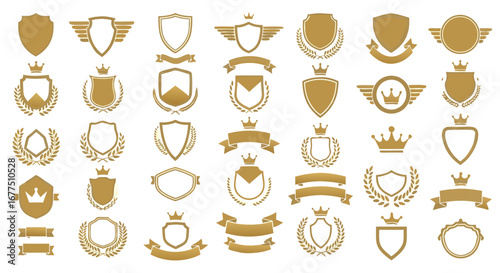 Elegant golden crests badges emblems shields with crowns and laurels for premium branding and awards