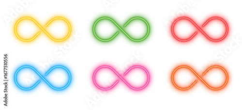 Colorful neon glowing infinity loop icons set, abstract neon eternity symbols collection isolated on transparent background vector illustration