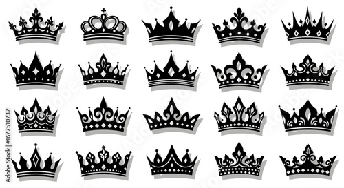 Collection of elegant black royal crowns symbolizing power, success, and prestige for design projects