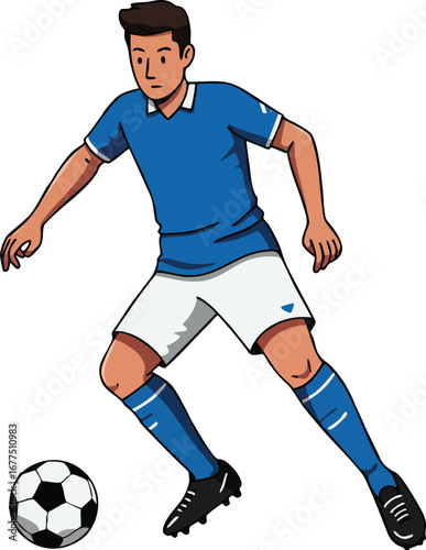 Soccer player in blue jersey dribbling black and white ball vector illustration in action pose 