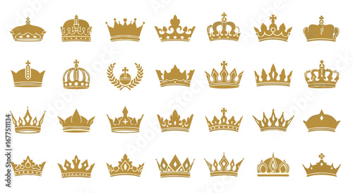 Discover regal elegance with this collection of sophisticated gold crown icons and symbols