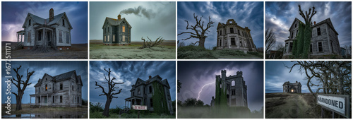 Weathered homes under stormy skies abandoned house