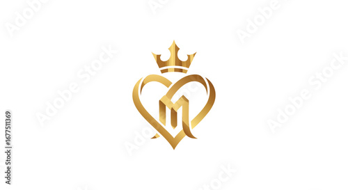 Elegant golden heart emblem with crown symbolizes luxury, love, and royalty, perfect for branding