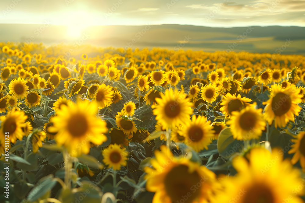 Fototapeta premium Sunflower Field in Full Bloom: Vibrant Yellow Blossoms in Serene Spring Sunrise Landscape