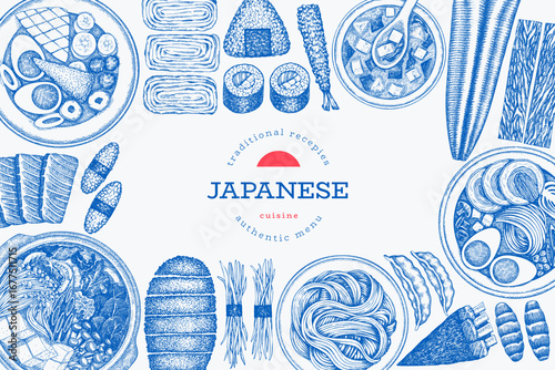 Japanese Cuisine Vector Design Template. Asian Dishes Hand Drawn Background. Retro Japan Traditional Food Illustration.
